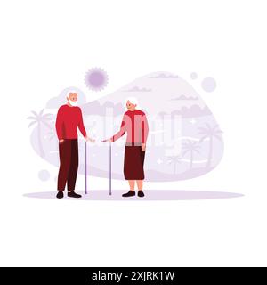 Un couple âgé est debout et discute, se regardant avec une vue sur la plage et le coucher du soleil. Illustration plate vectorielle moderne tendance. Illustration de Vecteur