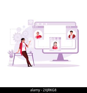 Les jeunes femmes d'affaires font des conférences d'affaires en ligne. Fait à la maison en utilisant des ordinateurs portables, des ordinateurs et des tablettes connectés à Internet. Tendance moderne v Illustration de Vecteur