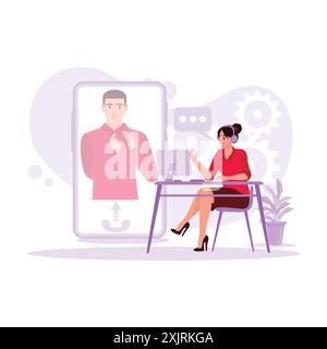 La jeune étudiante dans une salle d'étude suivait un cours en ligne avec un tuteur privé, écoutant attentivement avec des écouteurs. Vecteur moderne tendance f Illustration de Vecteur