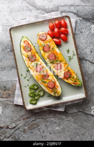 Les moitiés de courgettes cuites au four avec du cheddar et du fromage mozzarella, des saucisses et de la sauce tomate en gros plan dans une assiette sur la table. Vue de dessus verticale Banque D'Images