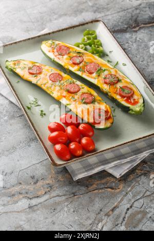 Les moitiés de courgettes cuites au four avec du cheddar et du fromage mozzarella, des saucisses et de la sauce tomate en gros plan dans une assiette sur la table. Vertical Banque D'Images