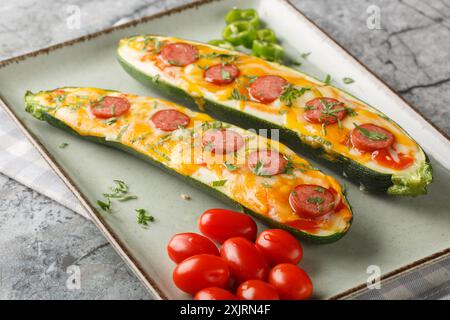 Bateaux de courgettes farcis et cuits au cheddar et au fromage mozzarella, saucisse et sauce tomate gros plan dans une assiette sur la table. Horizontal Banque D'Images