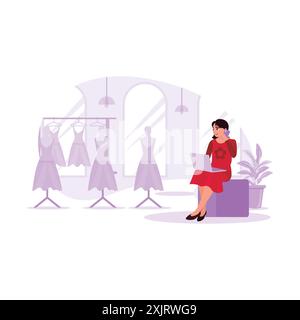 La dame propriétaire de la boutique était assise et parlait sur son téléphone portable joyeusement à l'intérieur du comptoir. Illustration plate vectorielle moderne tendance. Illustration de Vecteur