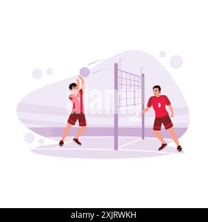 Les joueurs de volley-ball professionnels jouent sérieusement, lancent le ballon, attaquent et marquent des points. Illustration plate vectorielle moderne tendance. Illustration de Vecteur