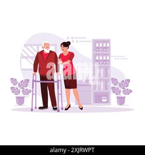 Portrait d'une infirmière soignant des patients âgés et aidant à marcher à l'aide de béquilles de marche. Illustration plate vectorielle moderne tendance. Illustration de Vecteur