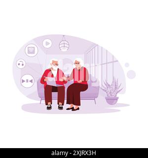 Couple âgé profitant du temps ensemble à la maison, assis sur le canapé regardant des vidéos drôles sur un ordinateur portable. Illustration plate vectorielle moderne tendance. Illustration de Vecteur