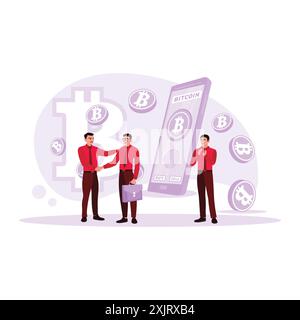 Deux hommes d'affaires se serraient la main et effectuaient des transactions, un employé applaudissant. Symbole Bitcoin et transaction texte. Illustration plate vectorielle moderne tendance Illustration de Vecteur