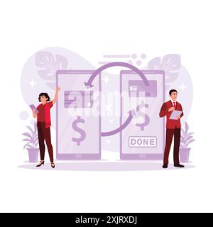 Deux personnes effectuent des transactions en ligne et transfèrent de l’argent via le paiement mobile sur leur smartphone. Illustration plate vectorielle moderne tendance. Illustration de Vecteur