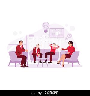 Des groupes de jeunes du bureau se sont réunis pour tenir des réunions, discuter et échanger des idées. Illustration plate vectorielle moderne tendance. Illustration de Vecteur