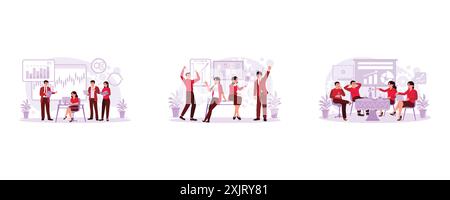 Les membres de l'équipe discutent et échangent des idées. Jeunes gens d'affaires réunis et heureux de célébrer le succès. L'équipe du bureau se réunit dans le café et a un t Illustration de Vecteur