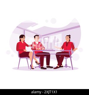 L'équipe commerciale s'est assise ensemble et a discuté, a fait un brainstorming et a regardé les écrans d'ordinateurs portables dans la salle de bureau. Illustration plate vectorielle moderne tendance. Illustration de Vecteur
