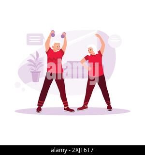 Heureux couple de personnes âgées s'exerçant ensemble dans le salon. Illustration plate vectorielle moderne tendance. Illustration de Vecteur