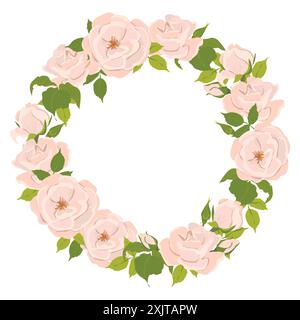 Cadre vectoriel rond avec des roses roses roses. Couronne fleurie de style plat. Modèle de logo, cadre floral pour mariage, carte de voeux de fête des mères. Roses beiges pour Illustration de Vecteur