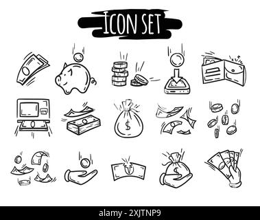 Un ensemble vectoriel simple d'icônes en noir et blanc. Signes et symboles liés à l'argent. affaires, finances, stocks et ventes. Illustration de Vecteur