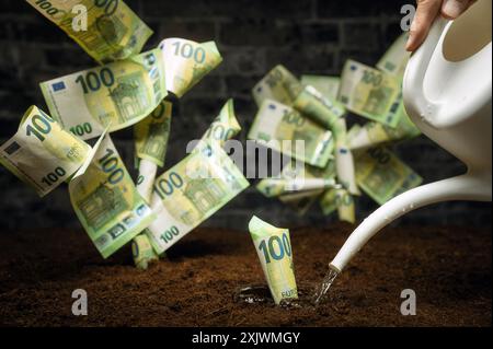 Planter et arroser des arbres monétaires. Un concept symbolique pour la finance, la richesse, l'investissement et le succès Banque D'Images