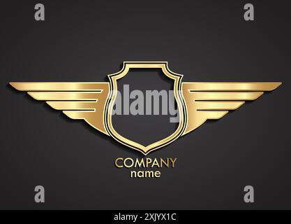 logo bouclier héraldique 3d et ailes, emblème doré Illustration de Vecteur