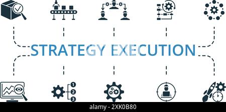 Jeu d'icônes exécution de stratégie. Collection d'icônes monochromes simple Strategy Execution. Contrôle qualité, chaîne de production, délégation de tâches, flux de travail Illustration de Vecteur