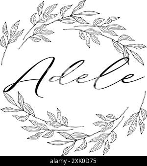 Adele - couleur noire - nom écrit enfermé dans un cercle couronne de feuilles - graphiques vectoriels - pour les sites Web, salutations, bannières, cartes, Illustration de Vecteur