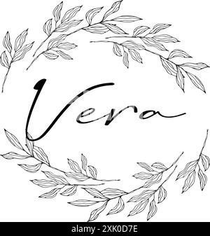 Vera - couleur noire - nom écrit enfermé dans un cercle couronne de feuilles - graphiques vectoriels - pour les sites Web, salutations, bannières, cartes, Illustration de Vecteur