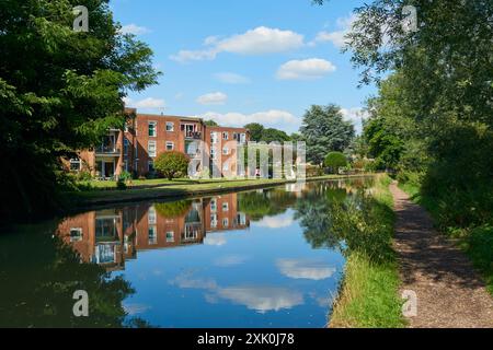 Maisons le long du Grand Union canal à Hemel Hempstead, Hertfordshire, Royaume-Uni, en été Banque D'Images