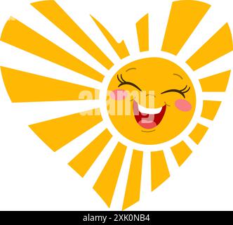 Soleil souriant en forme de coeur avec des rayons jaunes rayonnants. Soleil joyeux avec des rayons en forme de cœur et un visage souriant dessiné à la main style plat tendance isolé. Concept de bonheur et de chaleur. Illustration vectorielle Illustration de Vecteur