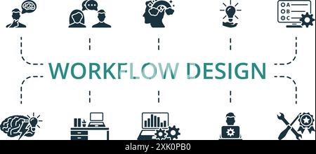 Jeu d'icônes Workflow Design. Collection d'icônes monochromes simple Workflow Design. Penser, dialogue, imagination, Grande idée, test, brainstorming Illustration de Vecteur