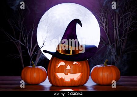 Citrouilles d'Halloween avec un chapeau de sorcière devant une pleine lune et des arbres effrayants. rendu 3d. Banque D'Images