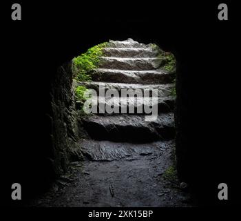 Un regard depuis la cave du château de Gutštejn, en Bohême occidentale, vers les escaliers d'entrée sculptés dans la pierre. Banque D'Images