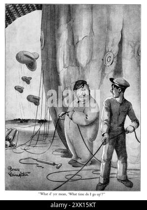 Années 1940 - un dessin animé amusant de la seconde Guerre mondiale représentant le personnage fictif populaire de soldat britannique, Old Bill, créé par le dessinateur Bruce Bairnsfather. Cette bande dessinée montre Old Bill portant de grandes combinaisons, debout avec un collègue et tendant à un ballon de barrage. Le dessin animé a la légende qui l’accompagne, « ce que d’Yer signifie. « À quelle heure dois-je monter ? ». Banque D'Images