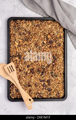 Photographie alimentaire de granola ; maison, amande ; avoine ; flocons; chia ; graines ; sésame ; citrouille ; tournesol; miel ; agave ; sirop ; séché ; canneberges; recette ; cr Banque D'Images