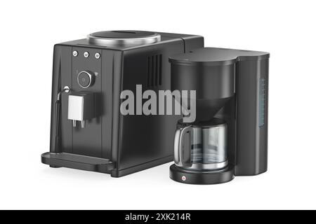 Machine à espresso automatique et cafetière filtre sur fond blanc Banque D'Images