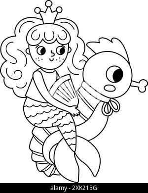 Conte de fées noir et blanc vecteur sirène équitation hippocampe. Fille de fantaisie isolé sur fond blanc. Princesse marine de conte de fées. Page de coloriage de sirène mignonne Illustration de Vecteur