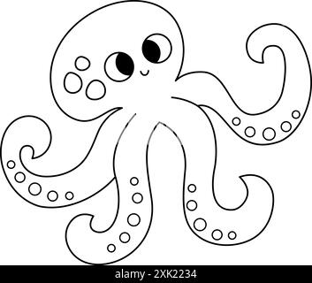 Icône de pieuvre noire et blanche vectorielle. Sous l'illustration de la ligne de mer avec un animal rigolo mignon de l'océan. Dessin animé clipart sous-marin ou marin, coloriage Illustration de Vecteur