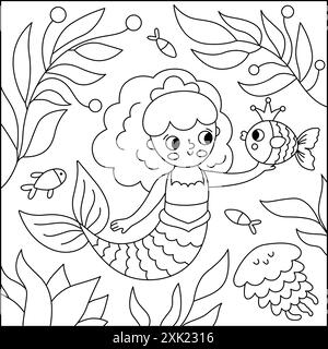 Illustration vectorielle de paysage noir et blanc avec sirène, poisson. Scène de ligne de Royaume d'océan ou de mer, coloriage avec des algues, méduses, prin marin Illustration de Vecteur