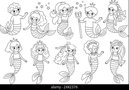 Ensemble de sirènes noir et blanc de vecteur. Collection de ligne de Royaume sous-marin avec la princesse de l'océan, prince. Page de coloriage de conte de fées marine de dessin animé pour les enfants. Illustration de Vecteur