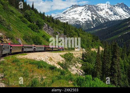 Un train de voyageurs sur le chemin de fer White Pass and Yukon route descend du haut du col au milieu de montagnes imposantes. Banque D'Images