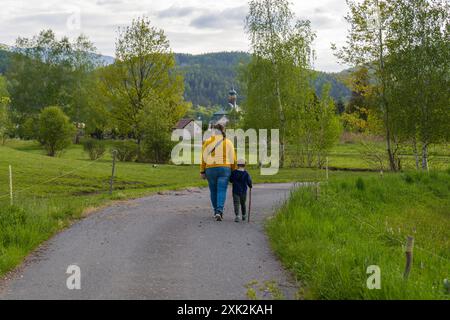 Un enfant heureux tient la main de sa mère alors qu'ils marchent main dans la main le long d'un chemin rural. Un petit garçon tient un bâton dans ses mains. Parentalité : mère et fils Banque D'Images