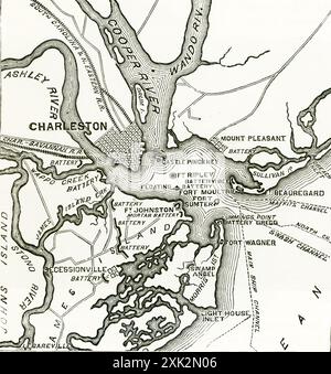 Deux forts se dressent à l'entrée du port de Charleston. Les patriotes à l'intérieur d'un fort en rondins de palmetto, plus tard nommé Fort Moultrie, ont vaincu la Royal Navy en 1776. Alors que Charleston ouvre la voie à la sécession pour préserver l'esclavage, la construction d'un nouveau fort, Fort Sumter, se poursuit. La Confédération tire sur la garnison américaine de Fort Sumter le 12 avril 1861, ouvrant la guerre de Sécession, qui redéfinit la liberté américaine. Banque D'Images