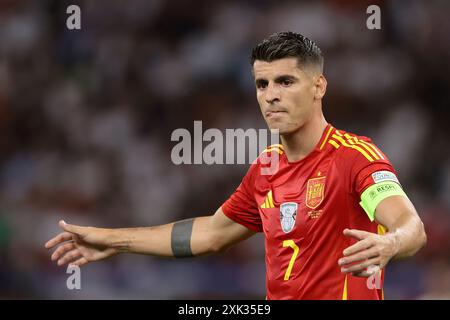 Berlin, Allemagne, 14 juillet 2024. L'Espagnol Alvaro Morata réagit lors de la finale des Championnats d'Europe de l'UEFA à l'Olympiastadion de Berlin. Photo : Jonathan Moscrop / Sportimage Banque D'Images