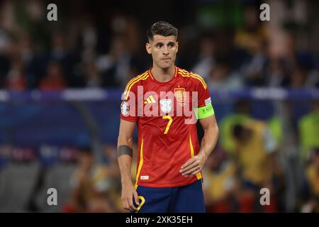 Berlin, Allemagne, 14 juillet 2024. L'Espagnol Alvaro Morata réagit lors de la finale des Championnats d'Europe de l'UEFA à l'Olympiastadion de Berlin. Photo : Jonathan Moscrop / Sportimage Banque D'Images