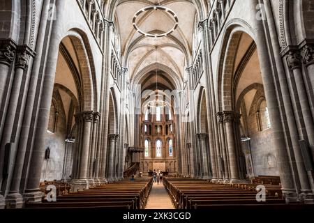 Nef de la cathédrale Saint-Pierre Genève Suisse | GENÈVE, Suisse — la nef de la cathédrale Saint-Pierre mène l'œil au-delà des rangs de bancs en bois vers l'abside, ses piliers en pierre et ses voûtes nervurées couvrant une campagne de construction commencée vers 1160 et achevée en 1288. Les chapiteaux sculptés bordant les arcades forment la plus grande collection de chapiteaux romans et gothiques de Suisse, ayant survécu à la dépouille des autels et des images de la réforme en 1535-1536. Jean Calvin prêchait depuis une chaire fixée à proximité en 1543. Banque D'Images
