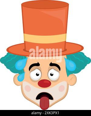 illustration vectorielle visage personnage de dessin animé clown, épuisé avec sa langue et des gouttes de sueur sur sa tête Illustration de Vecteur