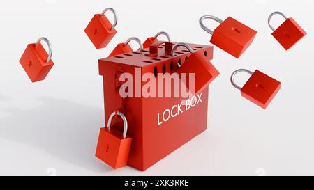 Un rendu 3D d'un système de verrouillage/d'étiquetage (LOTO) : boîte LOTO sécurisée avec un cadenas Banque D'Images