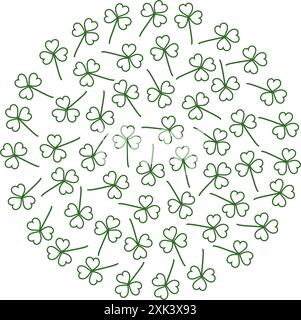 Contour Shamrocks en forme de cercle isolé sur blanc. Concept de conception de salutations de la St Patricks Day. Isolé sur fond transparent. Vector Wallpaper, cartes, affiche, bannière, étiquette ou web, idée promo Illustration de Vecteur