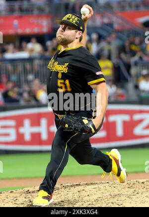 Pittsburgh, États-Unis. 20 juillet 2024. David Bednar (51), lanceur des Pirates de Pittsburgh, clôt la neuvième manche de la victoire 4-1 contre les Phillies de Philadelphie au PNC Park le samedi 20 juillet 2024 à Pittsburgh. Photo par Archie Carpenter/UPI crédit : UPI/Alamy Live News Banque D'Images