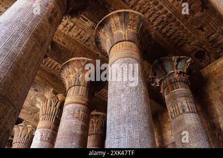 Sculptures égyptiennes anciennes et décorations sur les colonnes et le plafond du temple Khnum à Esna, Louxor, Égypte Banque D'Images