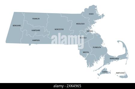 Comtés du Massachusetts, carte politique grise. Commonwealth of Massachusetts, État de la région de la Nouvelle-Angleterre du nord-est des États-Unis. Banque D'Images