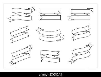 Illustration de l'ensemble vectoriel de bannière de ruban de ligne noire. Étiquettes de ruban bouclé de conception vintage et drapeau de défilement incurvé ou bannières autocollantes avec espace vide pour Mo Illustration de Vecteur