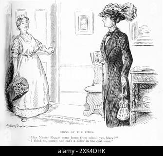 Gravure d'une mère demandant à la servante si son fils est rentré de l'école, pour se faire dire : « je pense que oui, maman ; le chat se cache dans la maison de charbon. » Publié dans Windsor magazine, vers 1914 Banque D'Images