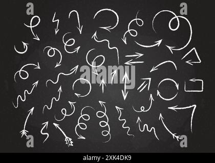 Illustration vectorielle esquissée de flèches grunge. Flèches blanches tordues et enroulées de style craie dessinées à la main, pointeurs de doodle en spirale et courbés isolés sur b. Illustration de Vecteur